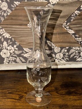 Pasabahce Etched Glass Vase with Floral Design Made In Turkey Mid Century MCM